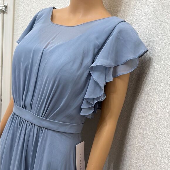 Azazie Blue Dress Maxi Scoop Neck Sheer Flutter Short Sleeve Maxi Dress Wedding - Picture 4 of 17